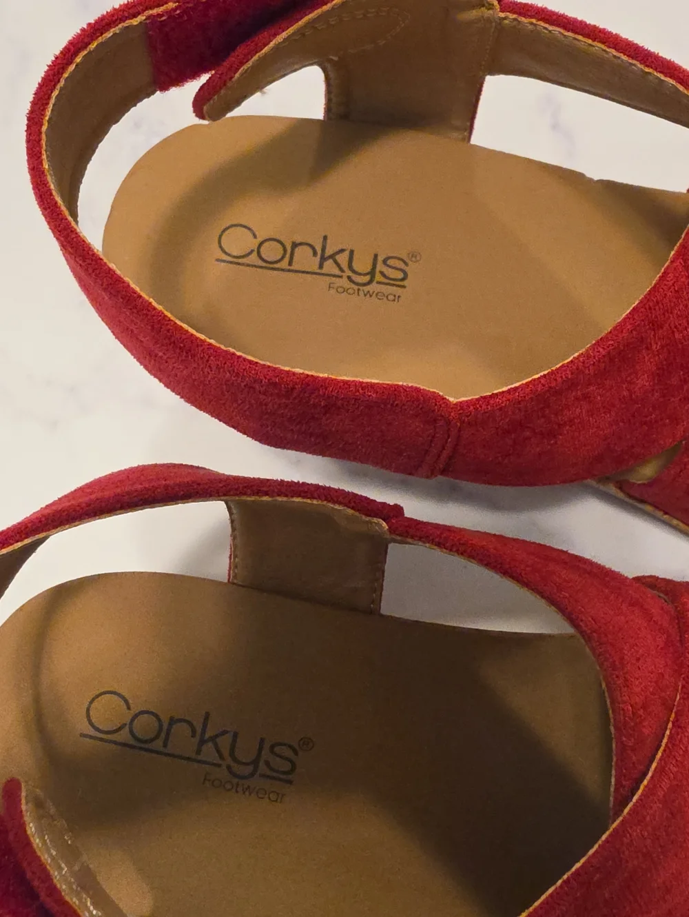 Corkys Women’s Red Suede Wedge Sandals